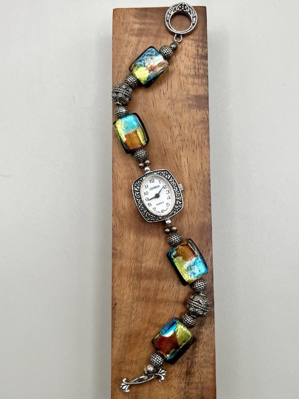 VTG Y2K Geneva Quartz Watch Lampwork Glass Bead Bracelet Boho Whimsical Eclectic